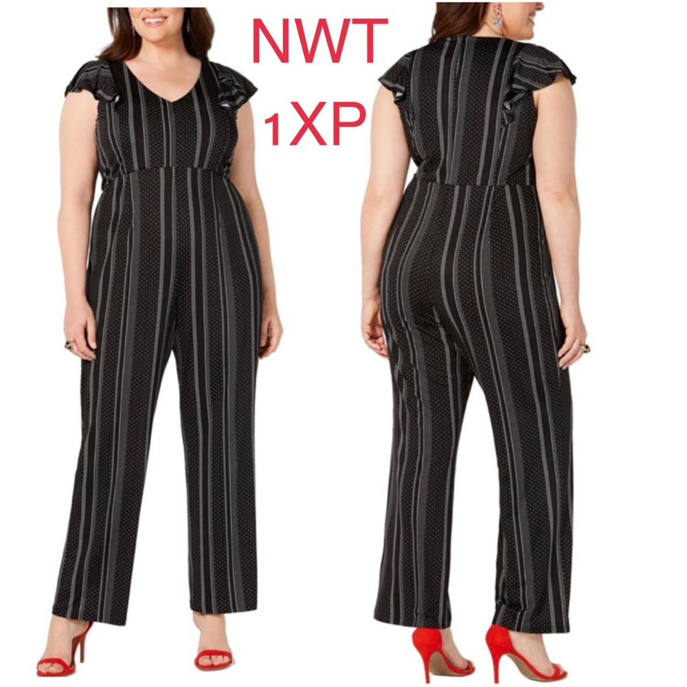 NWT NY Collection black mini dots 1X petite wide leg jumpsuit flutter